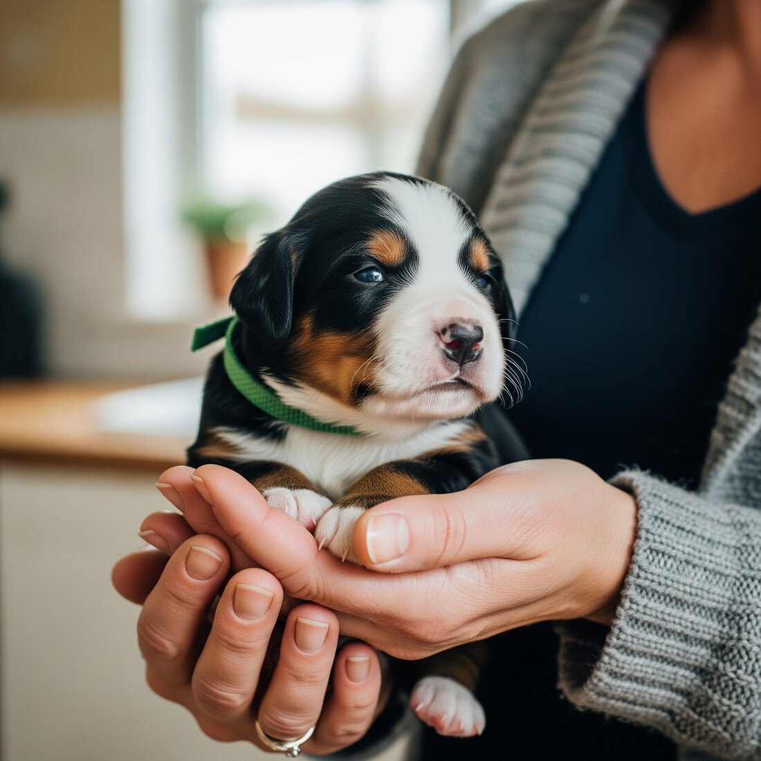 Un beagle tricolore couché sur un carrelage de cuisine, museau posé entre les pattes, lumière douce de fin d'après-midi entrant par une porte vitrée, cadrage serré au niveau du sol.