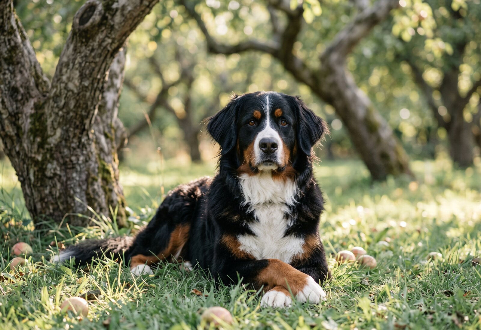 Un caniche nain noir assis sur un carrelage clair près d'une gamelle en inox, lumière douce de fin d'après-midi entrant par une porte-fenêtre, cadrage serré à hauteur du chien.