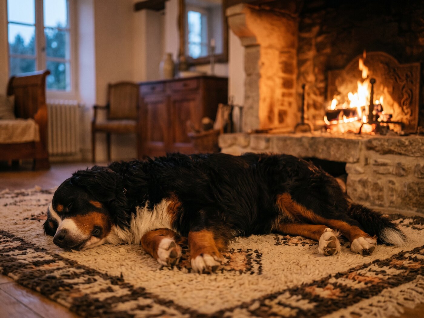Un couloir de ferme en bois clair, une porte entrouverte calée par un coin de bois, un panier de chien au sol à gauche et une étagère haute avec un coussin de chat à droite, lumière douce de fin d'après-midi entrant par une fenêtre latérale, cadrage à hauteur d'homme.