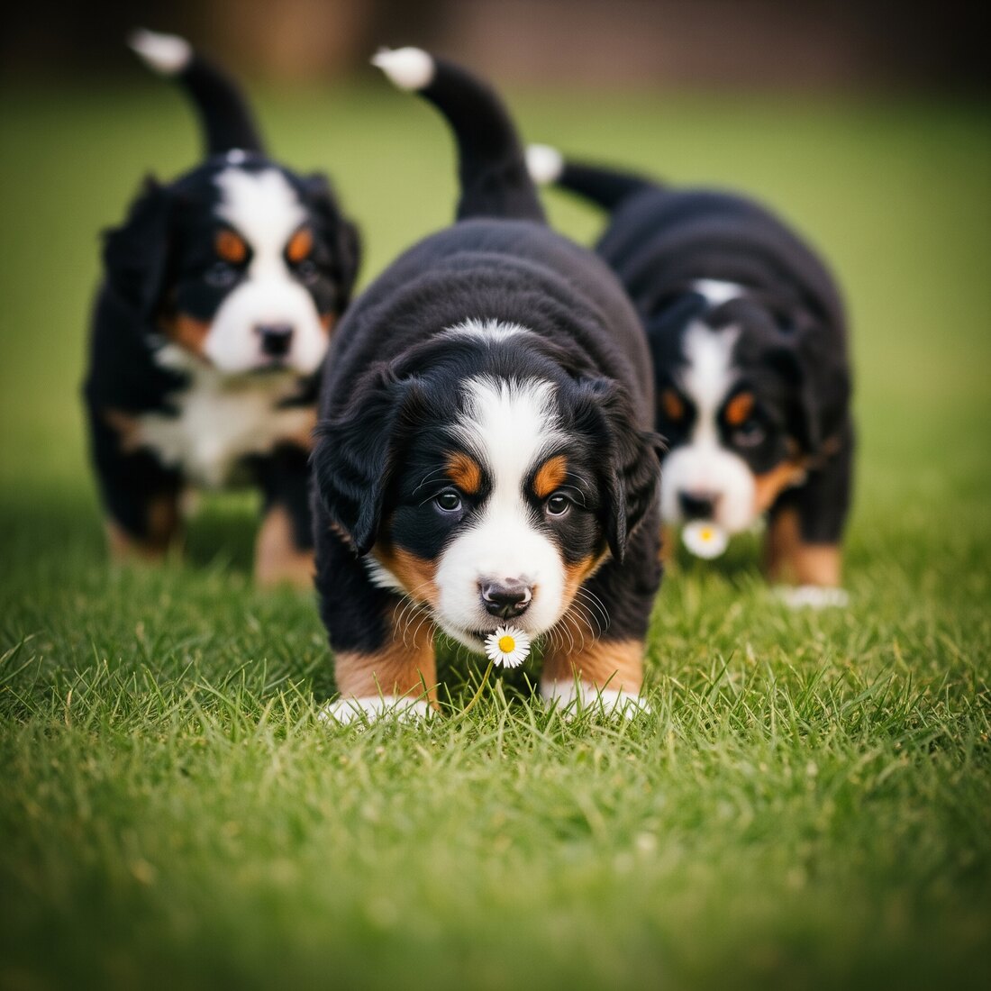 Trois chiots bouviers bernois de sept semaines découvrant l'herbe du jardin