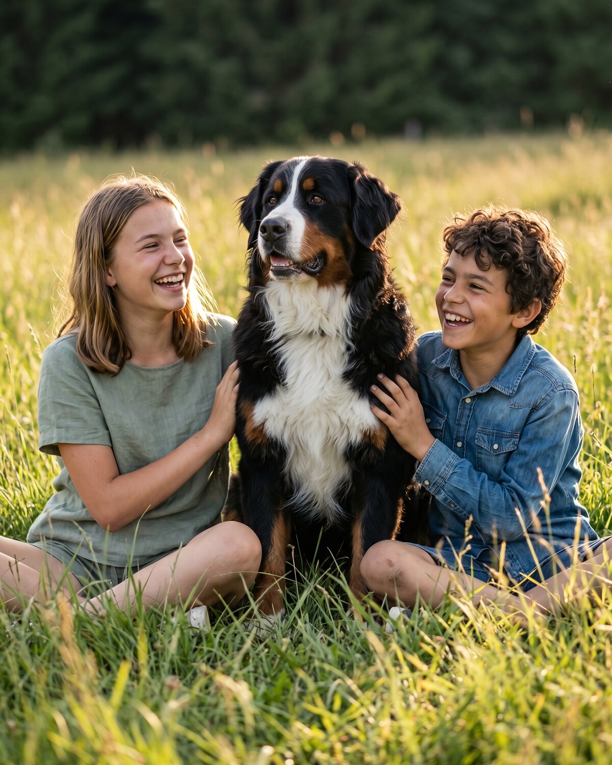 Tonnerre, bouvier bernois adulte, assis dans l'herbe haute avec les deux enfants de la famille, lumière dorée du soir