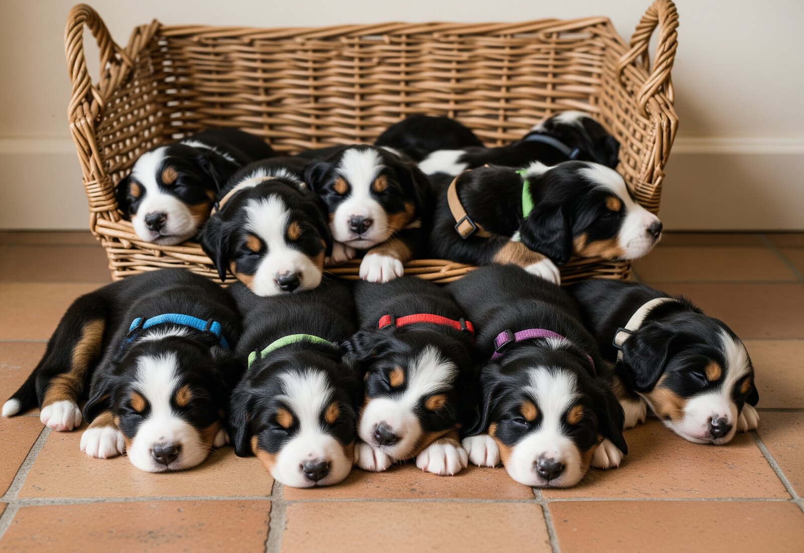 Les sept chiots bouviers bernois de huit semaines empilés dans une grande panière en osier, dans la cuisine de la ferme
