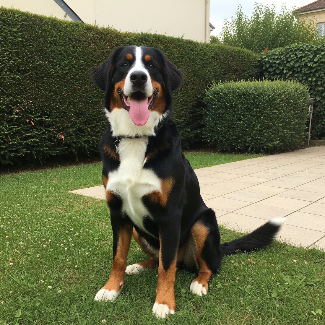 Sur un sol carrelé clair près d'une porte-fenêtre, un petit chien noir et feu debout dans un harnais rouge, une laisse fine posée à côté de lui, lumière douce de fin d'après-midi, cadrage serré à hauteur du chien.